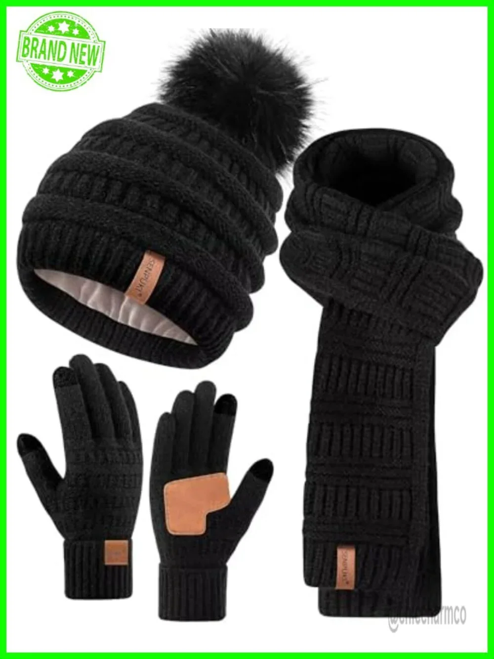 Winter Beanie Scarf Gloves Set, Warm Fleece Lined Knit Hat Touchscreen Gloves